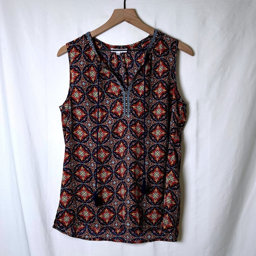 DR2 Womens Geometric Medallion Tassel Boho Sleeveless Blouse Size M Navy Orange